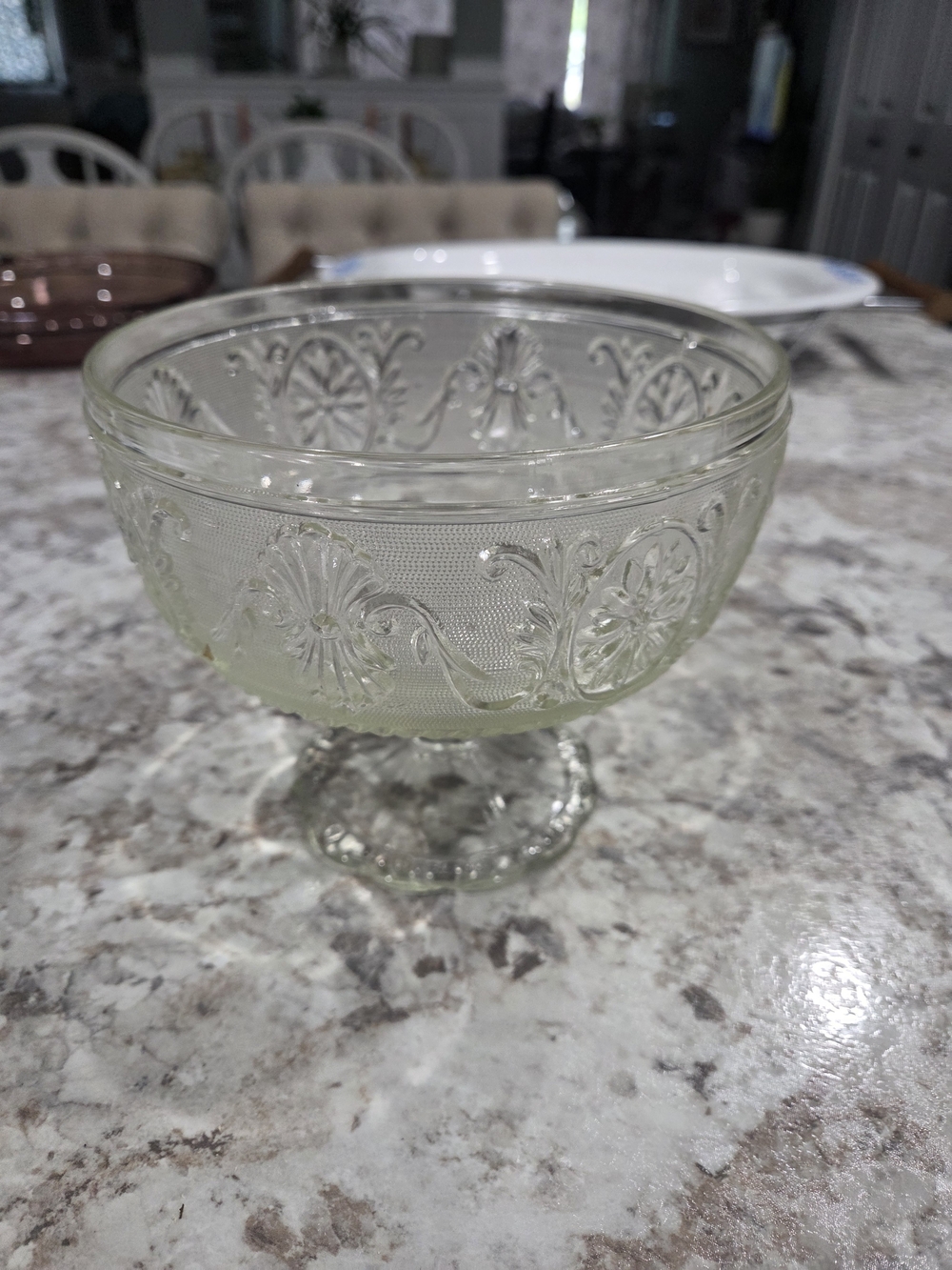 Vintage Indiana Glass Co. 'TIARA' Engraved Clear Sandwich Glass Pedestal Bowl
